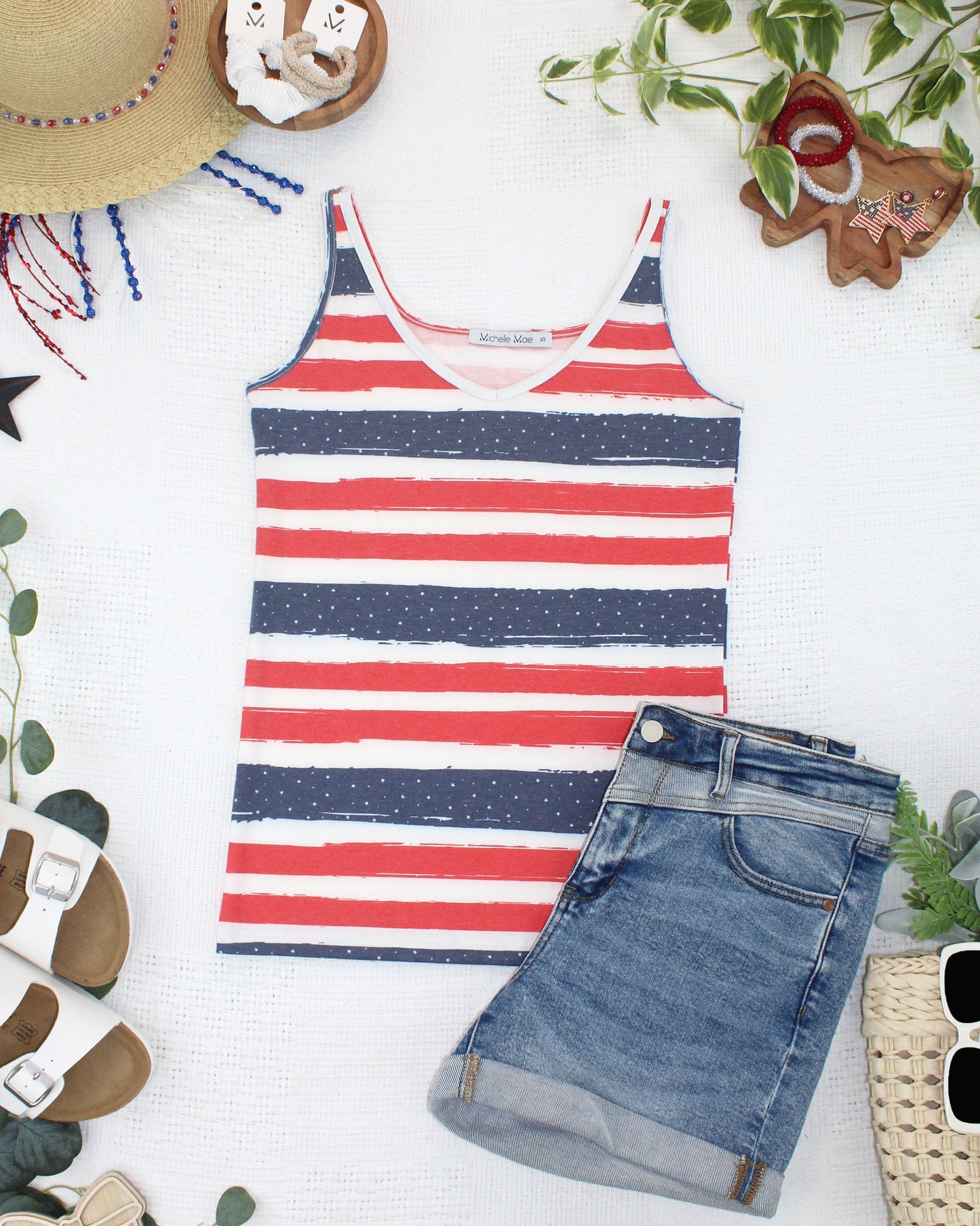 Michelle Mae Kennedy Tank - Striped Red, White, and Micro Blue Stars