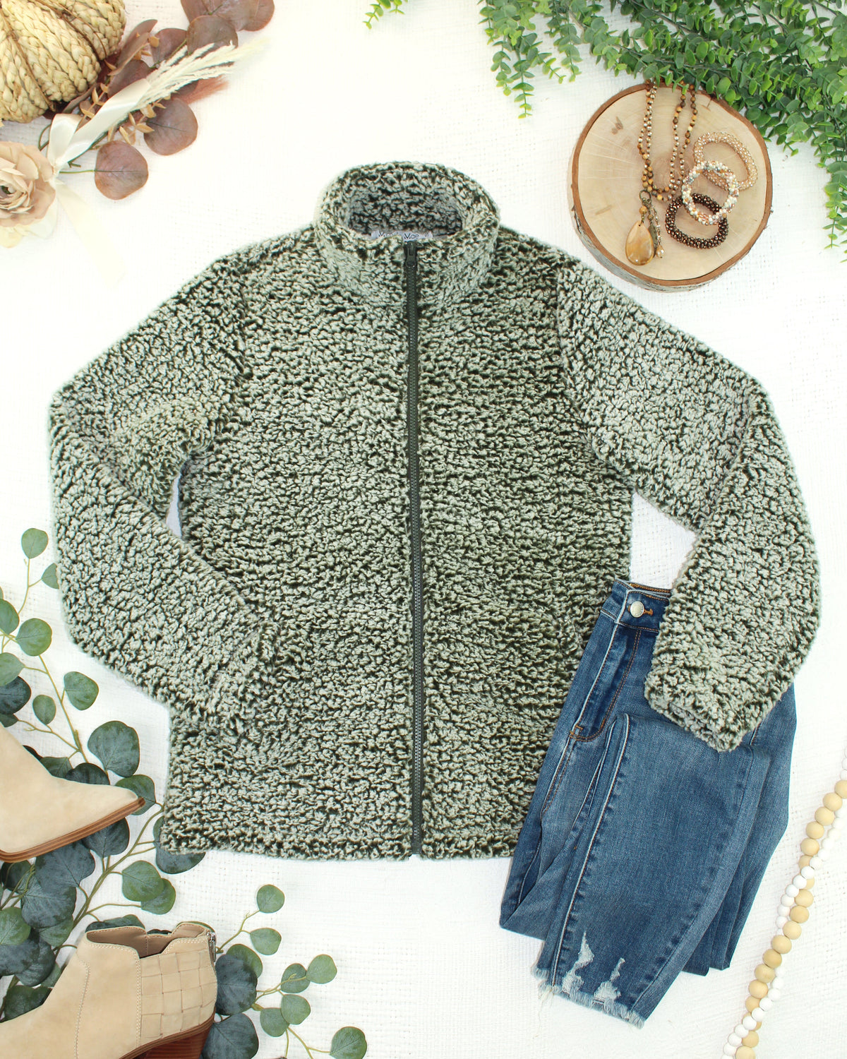 Michelle Mae Two Tone Fullzip Sherpa - Olive and White