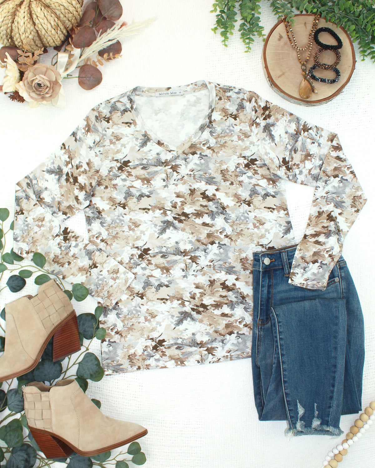 Michelle Mae Larissa Long Sleeve - Neutral Leaves