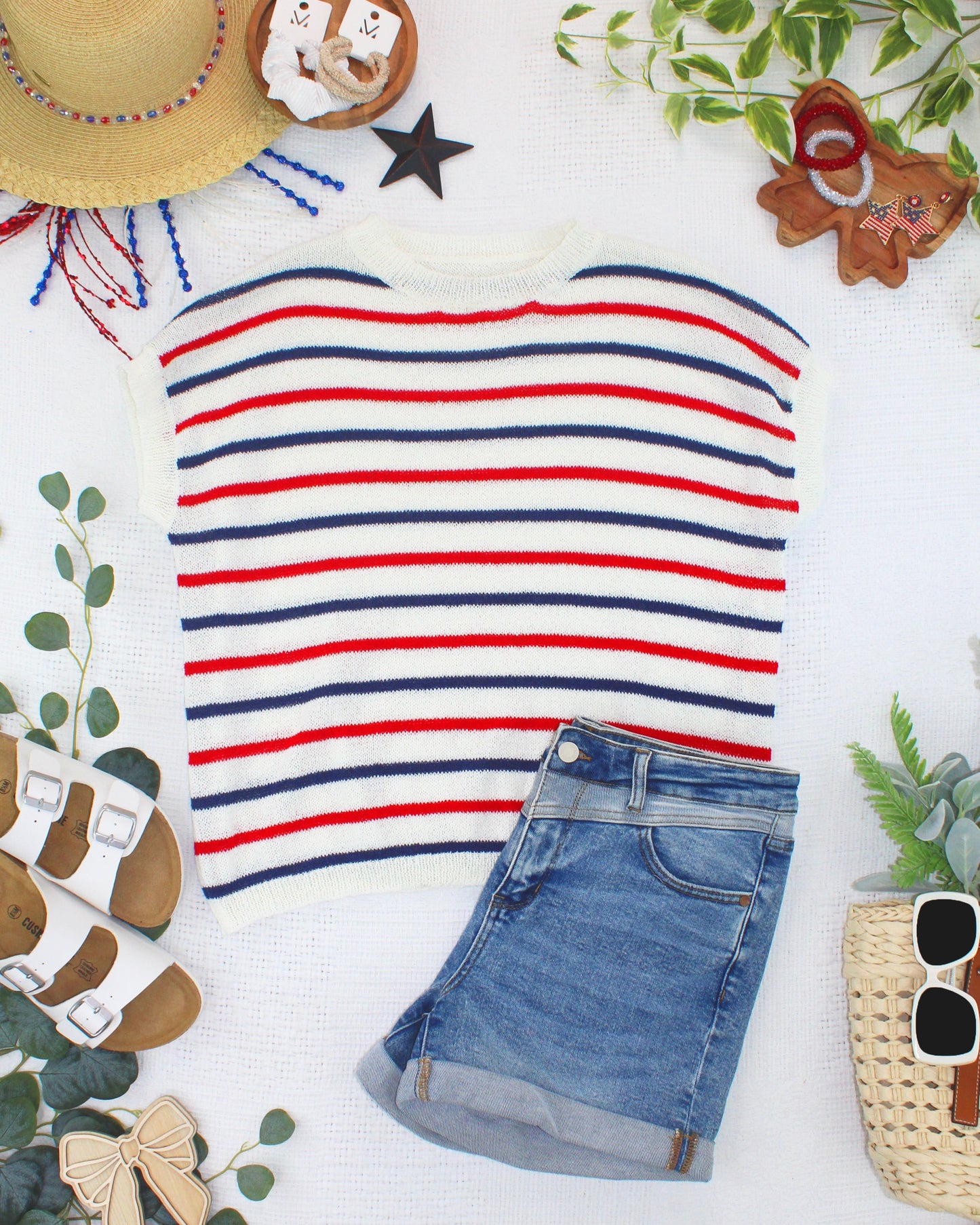 Michelle Mae Red, White, and Blue Stripes Open Knit Top