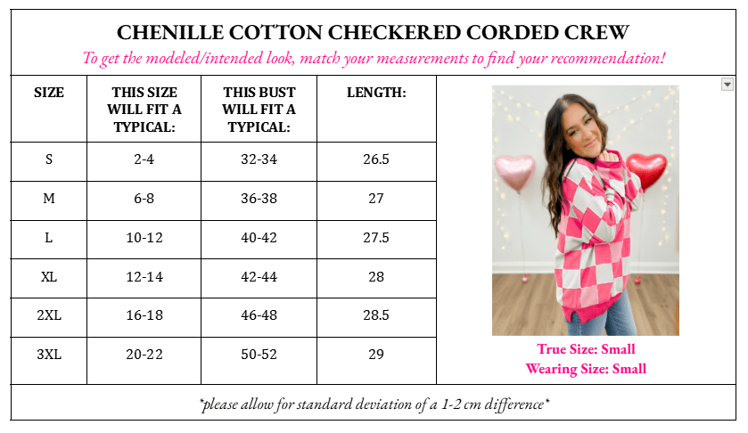 PREORDER Pink Checkered Chenille Cotton Corded Crew Sweatshirt - Girl Code Couture
