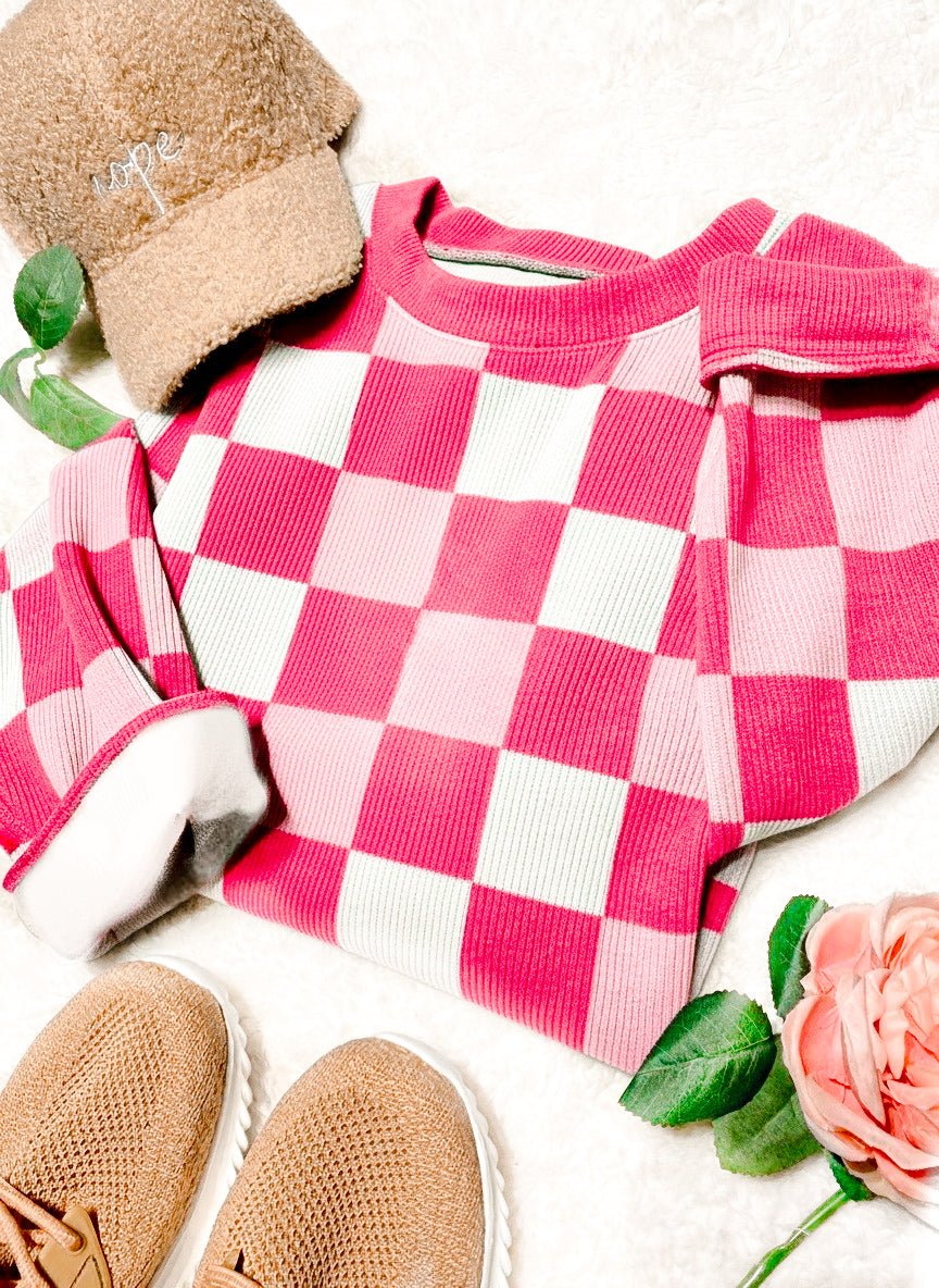 PREORDER Pink Checkered Chenille Cotton Corded Crew Sweatshirt - Girl Code Couture