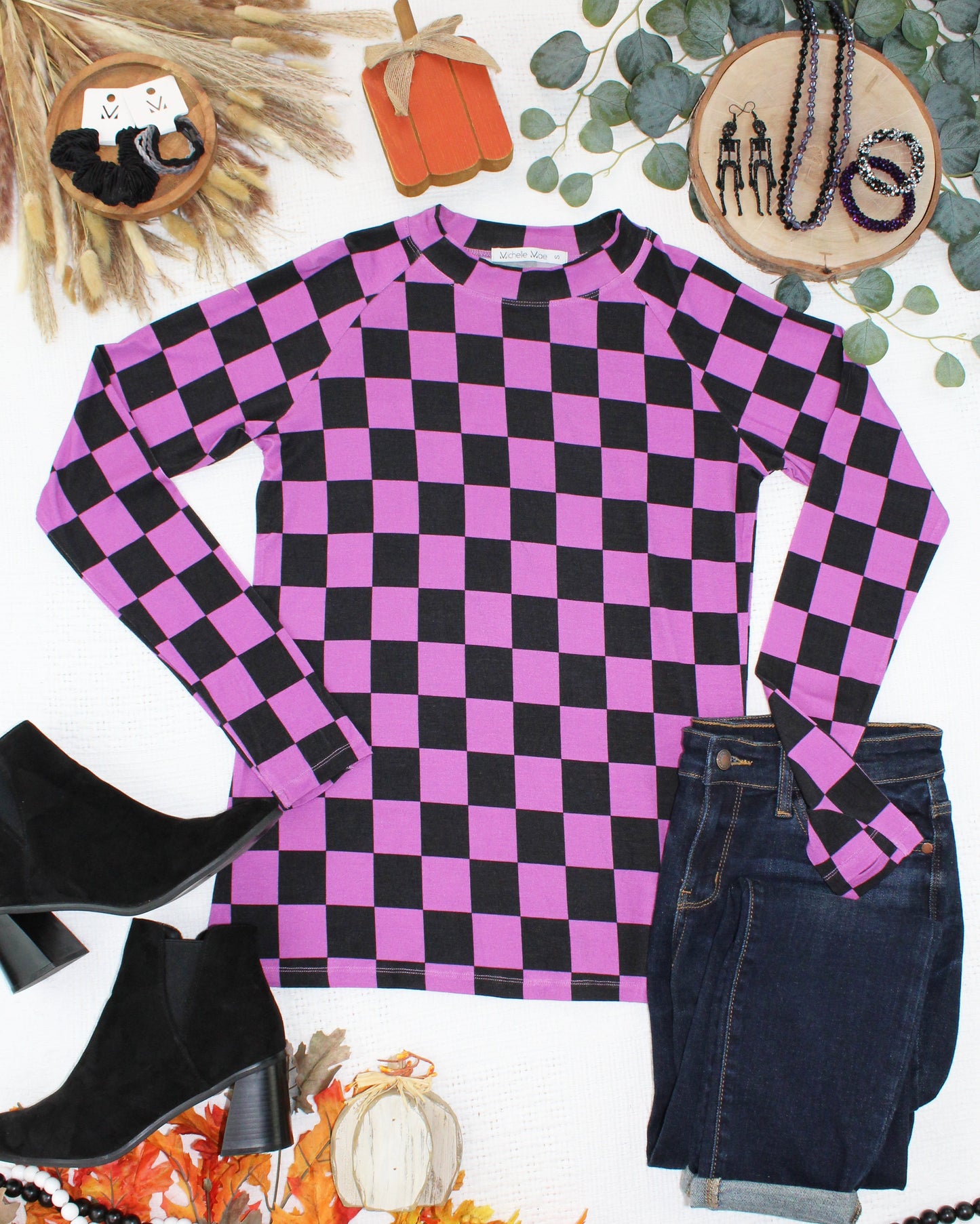 Michelle Mae Blair Long Sleeve Top - Black and Purple Checkers
