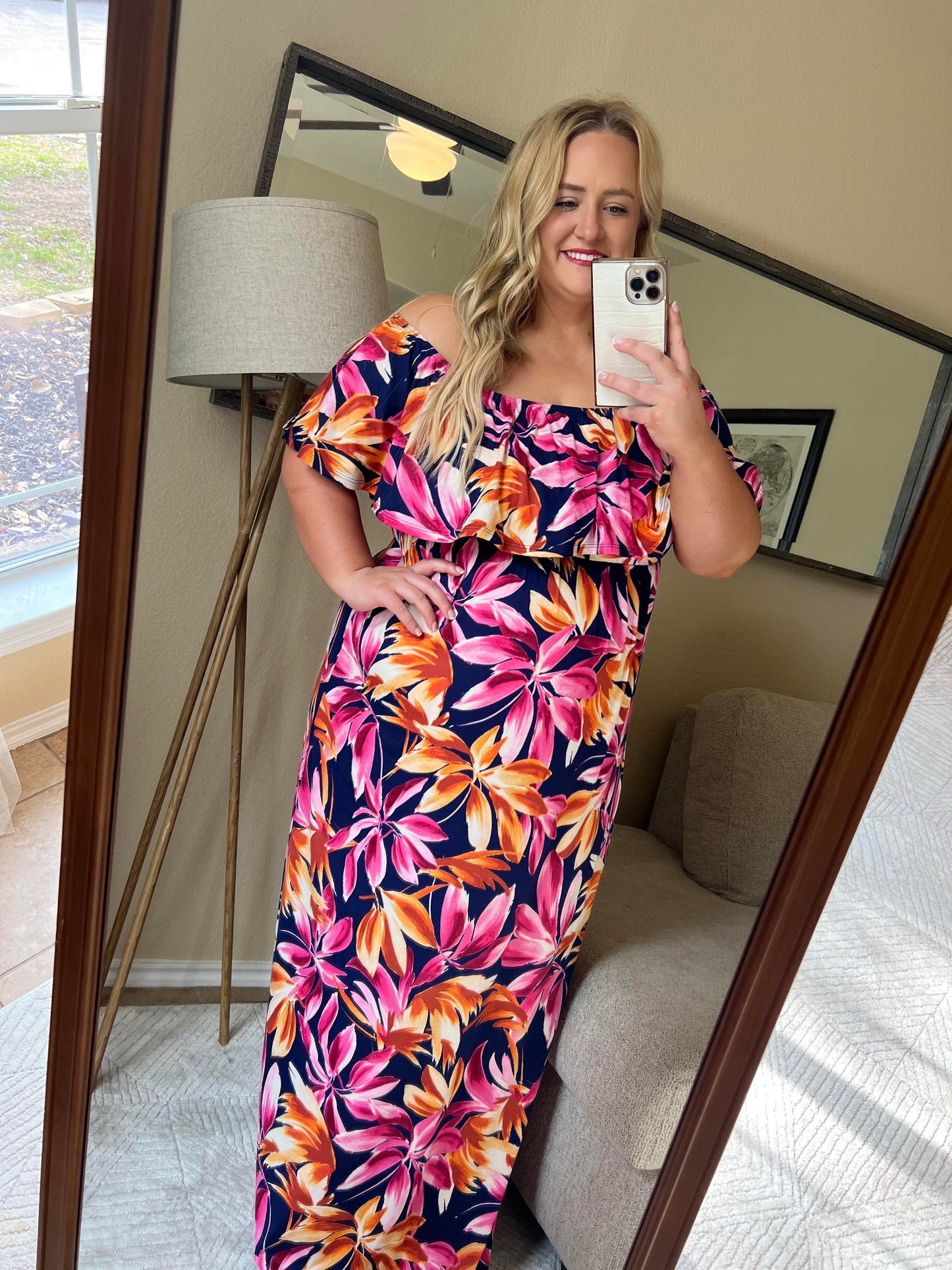 Oakley Off The Shoulder Maxi Dress - Navy Tropical