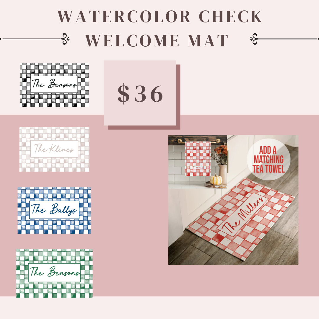 Preorder: Personalized Watercolor Check Print Door Mat (5 Colors)