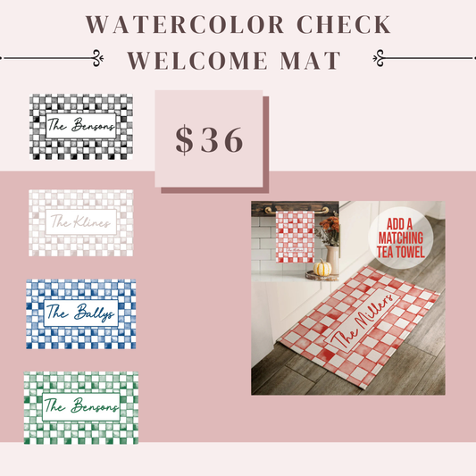 Preorder: Personalized Watercolor Check Print Door Mat (5 Colors)