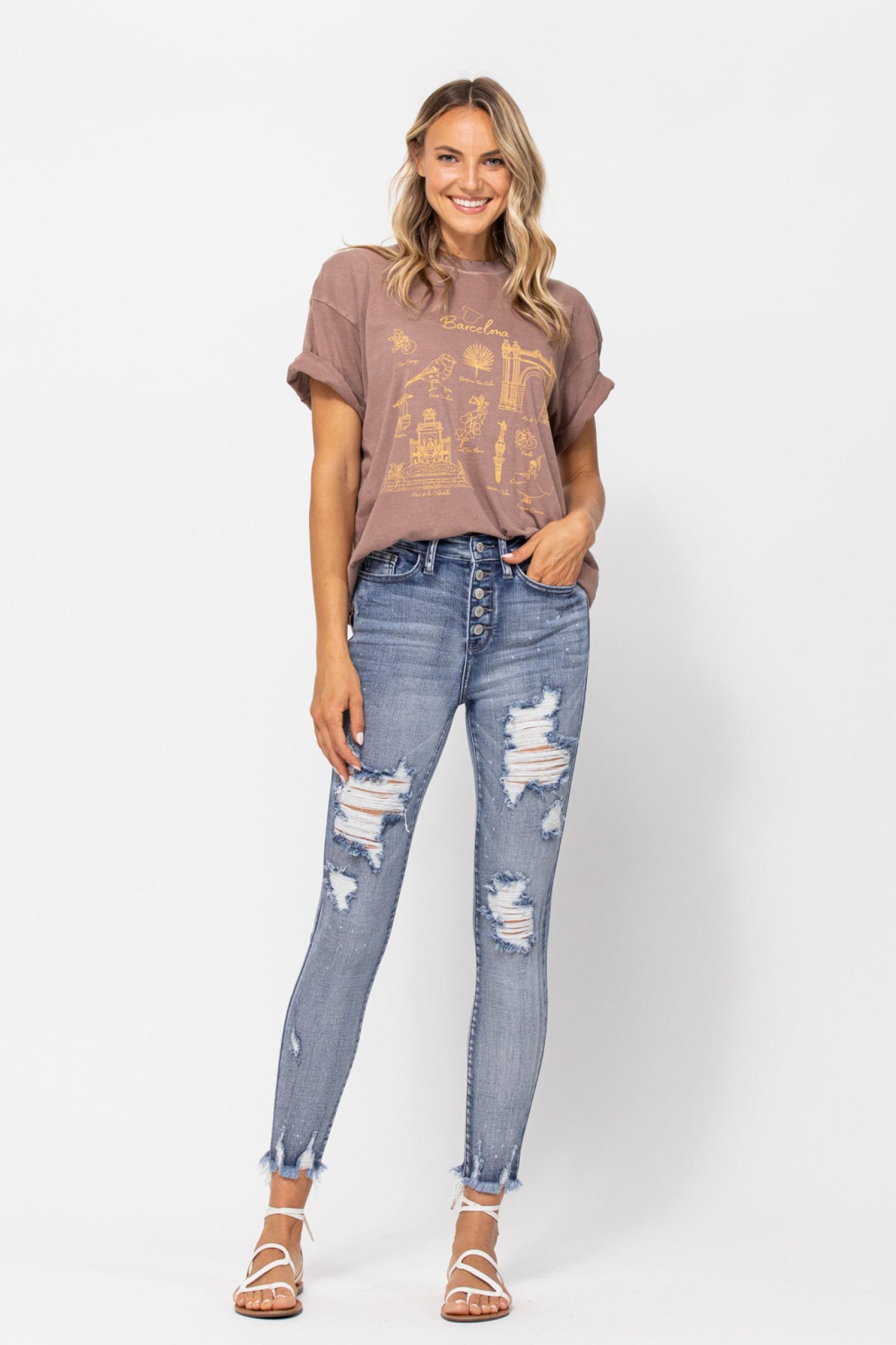 Judy Blue Partner in Crime Button Fly Bleach Splatter Distressed Skinny Jeans