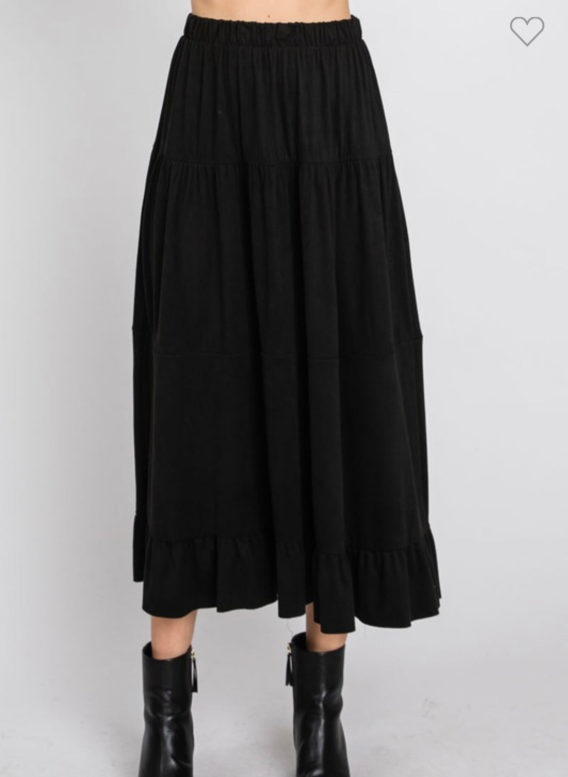 Micro Suede Tiered Midi Skirt in Soft Black