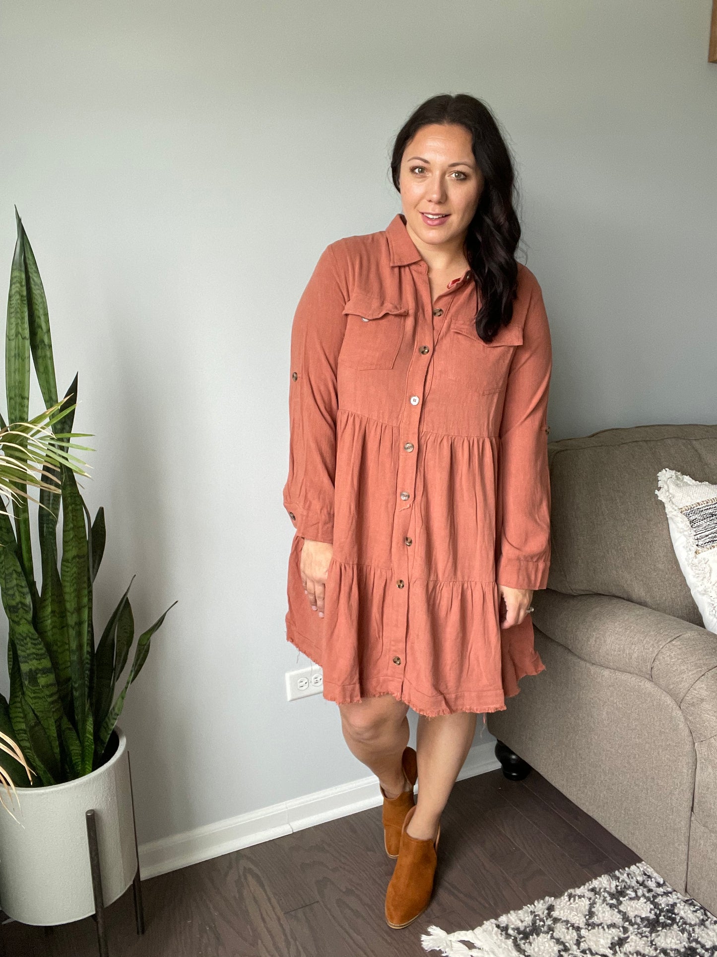 Washed Linen Tiered Shirt Dress