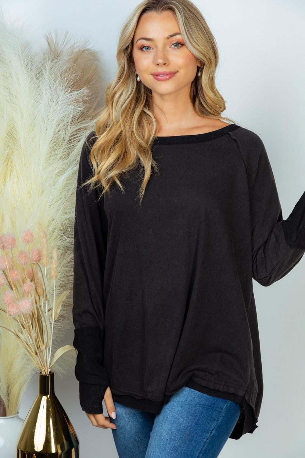 White Birch Washed Thumbhole Top in Black