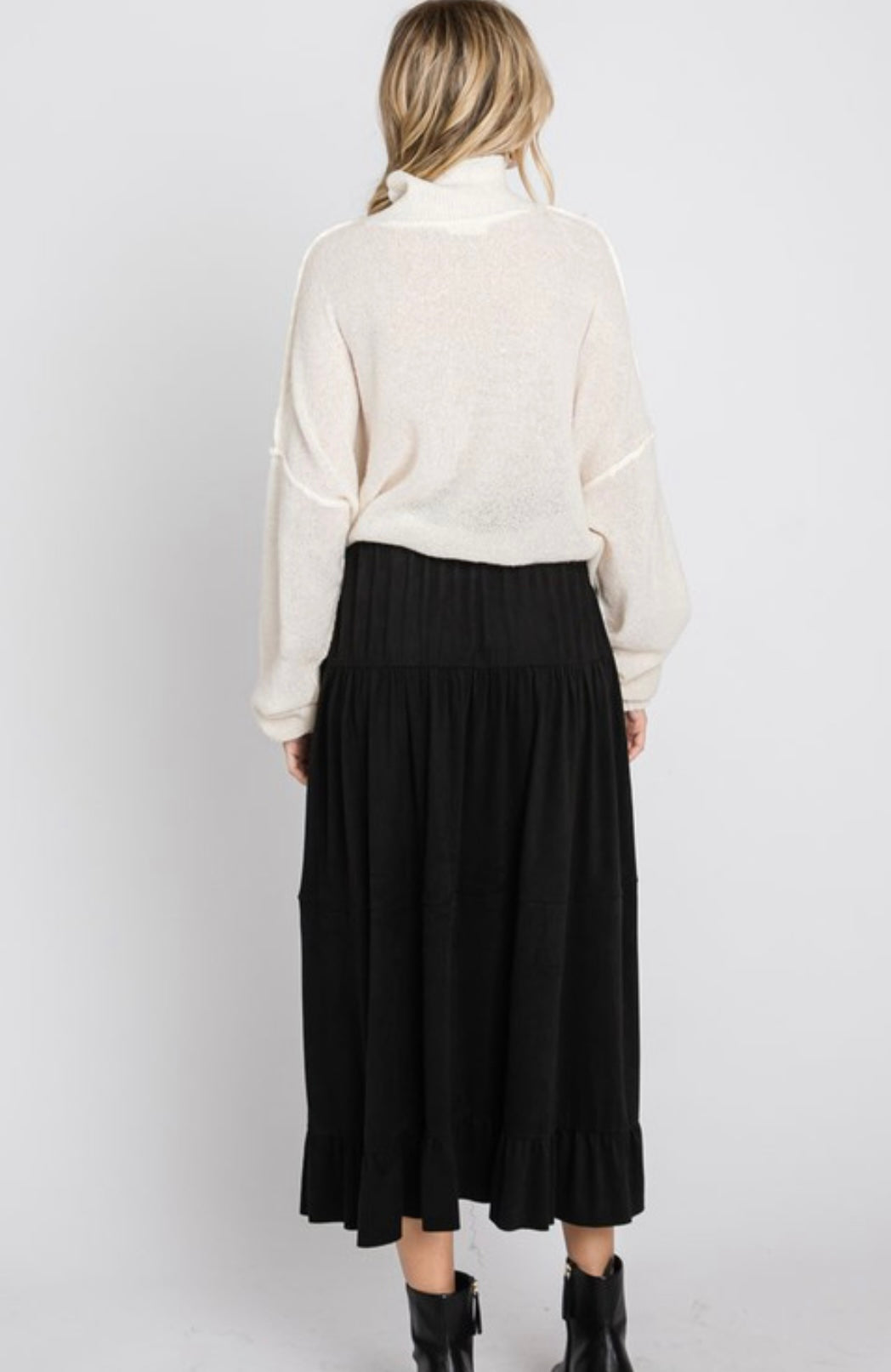 Micro Suede Tiered Midi Skirt in Soft Black