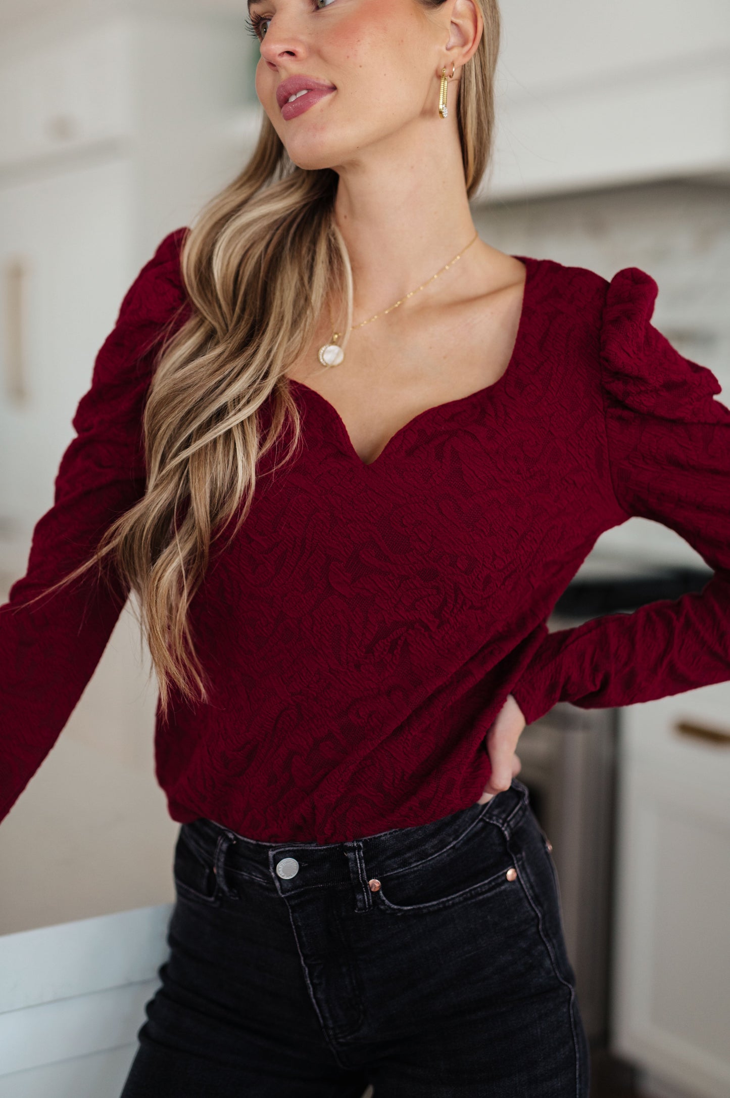 Sweetheart Jacquard Long Sleeve Top