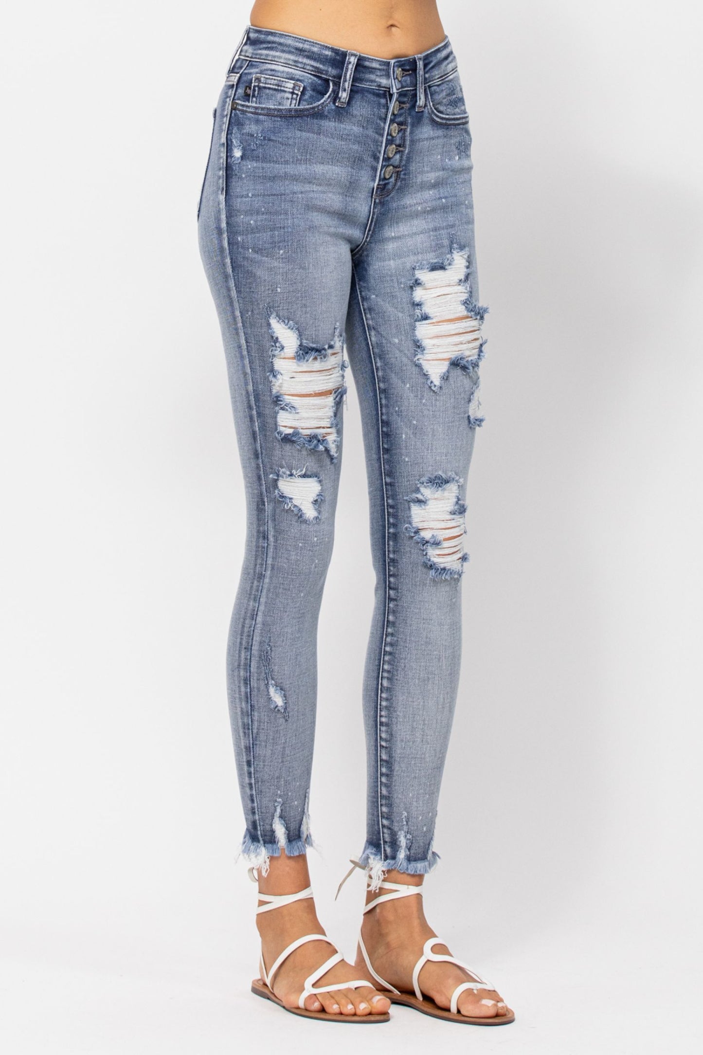 Judy Blue Partner in Crime Button Fly Bleach Splatter Distressed Skinny Jeans