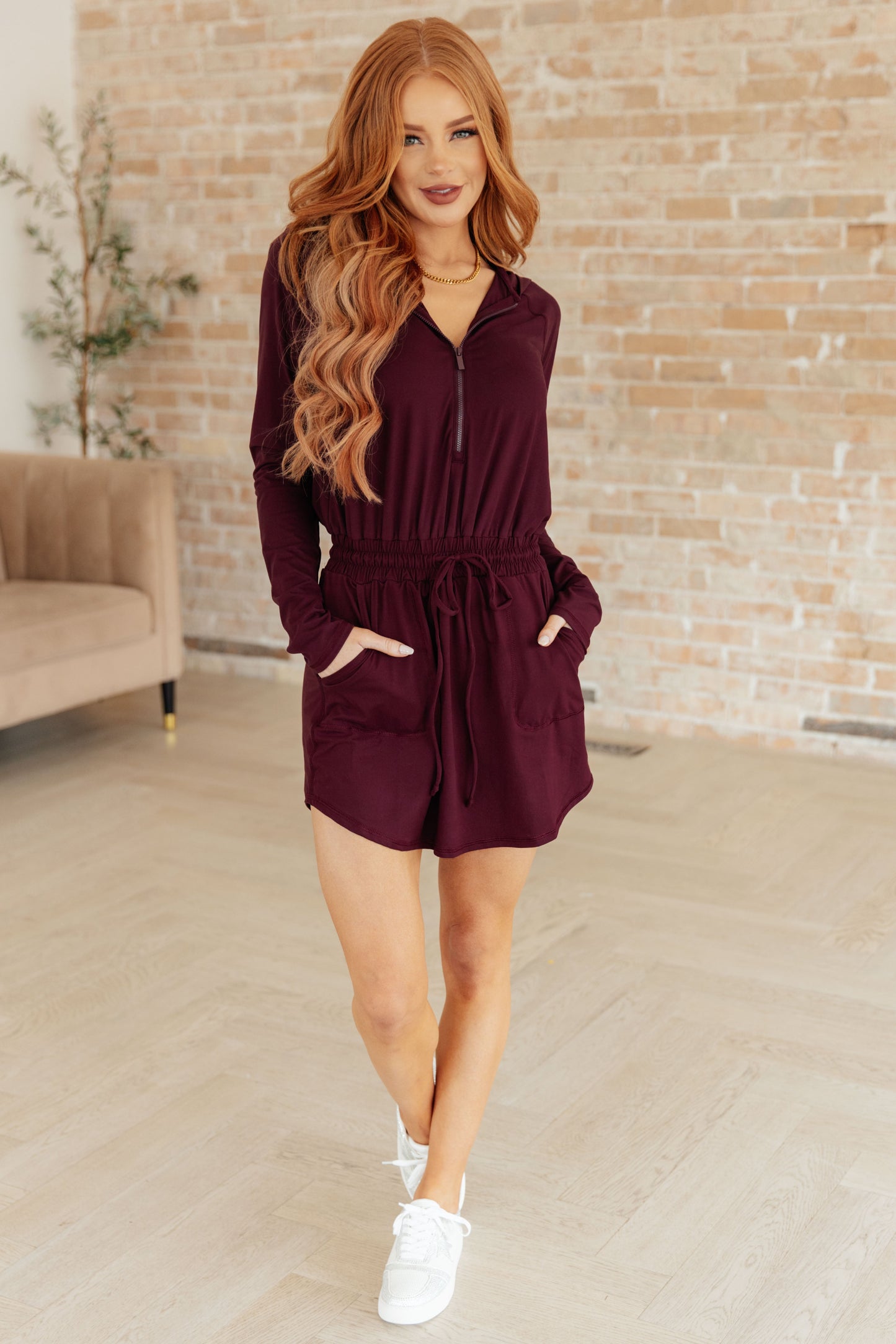 Getting Out Long Sleeve Hoodie Romper in Wine