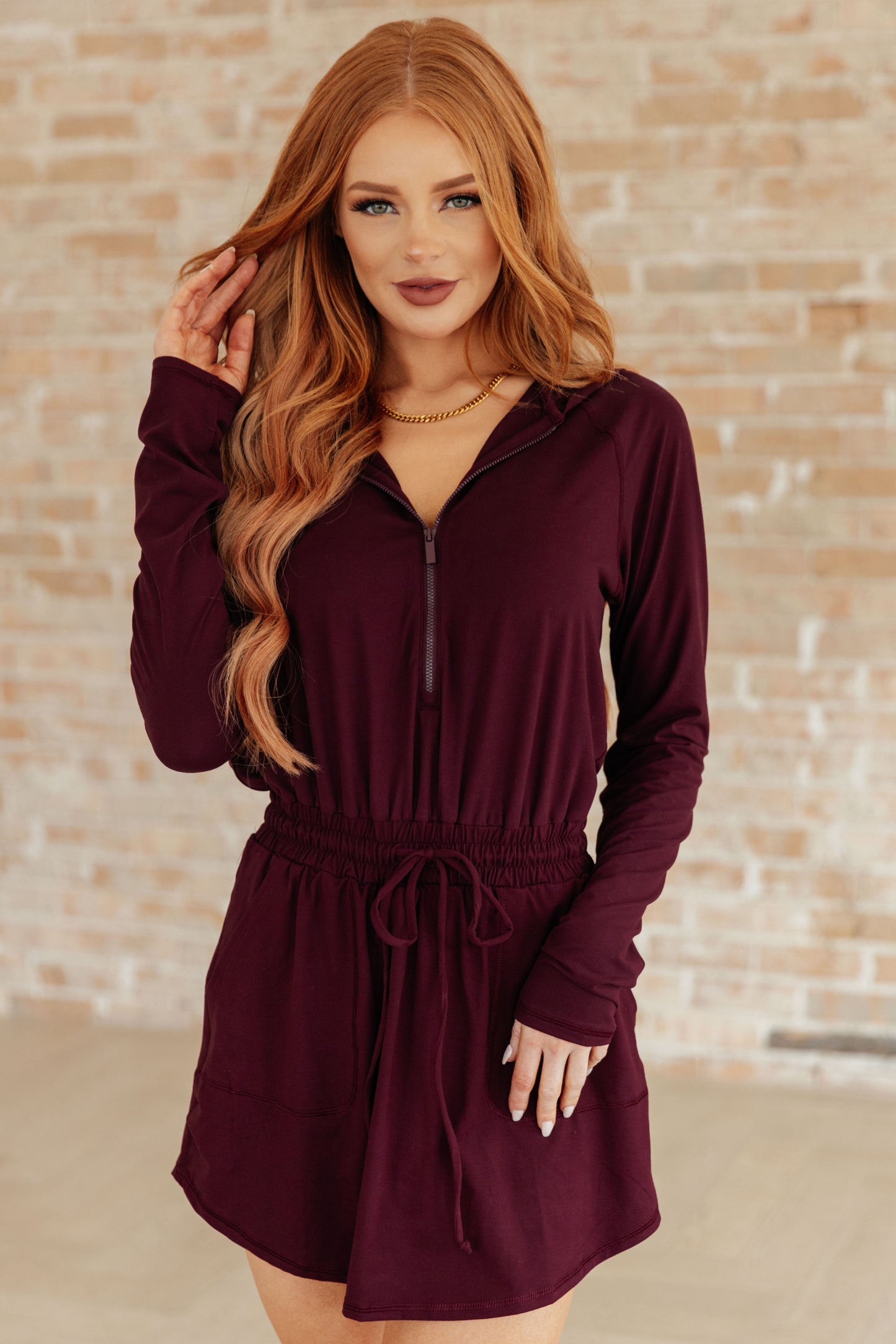 Getting Out Long Sleeve Hoodie Romper in Wine