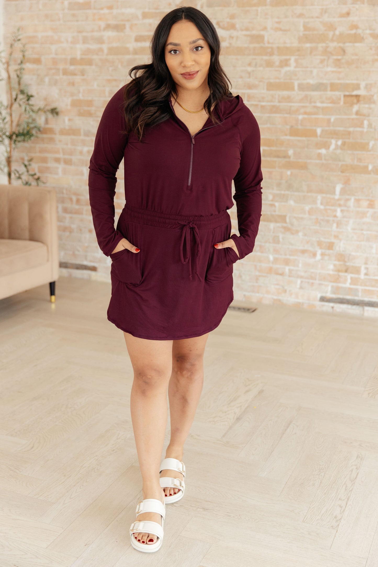 Getting Out Long Sleeve Hoodie Romper in Wine