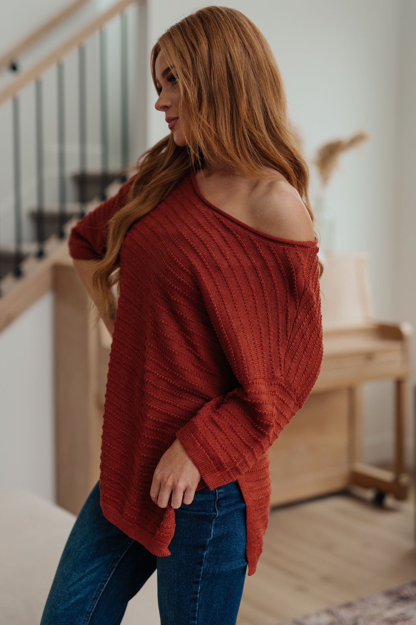 Half Sleeve Oversize Knit Sweater in Rust