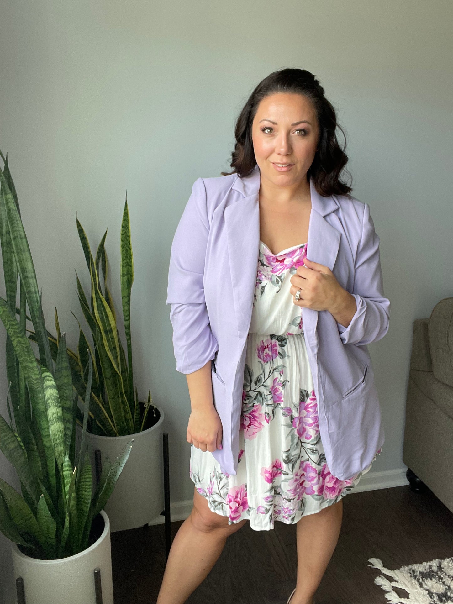 Chic In Lavender Ruched 3/4 Sleeve Blazer