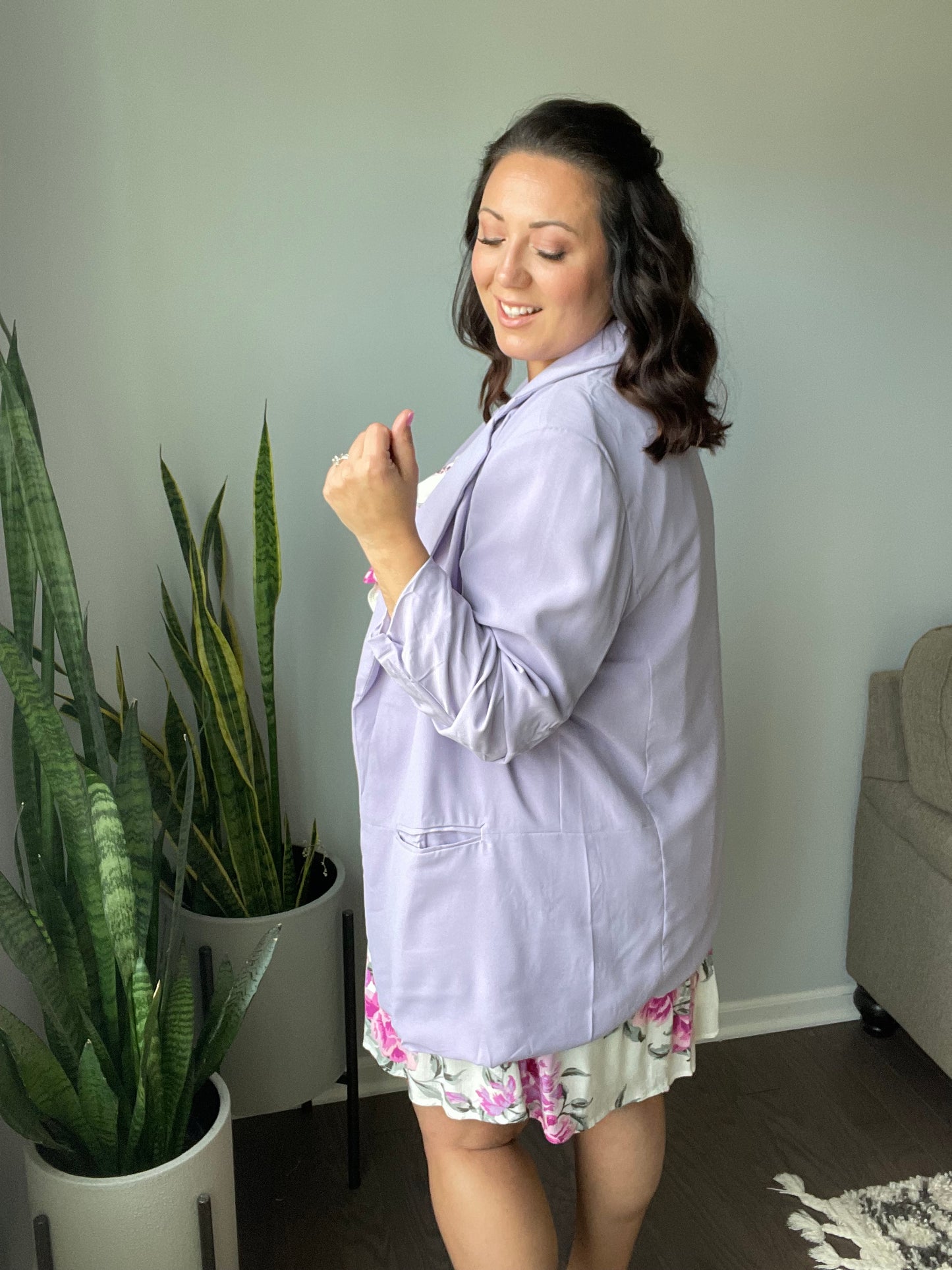 Chic In Lavender Ruched 3/4 Sleeve Blazer