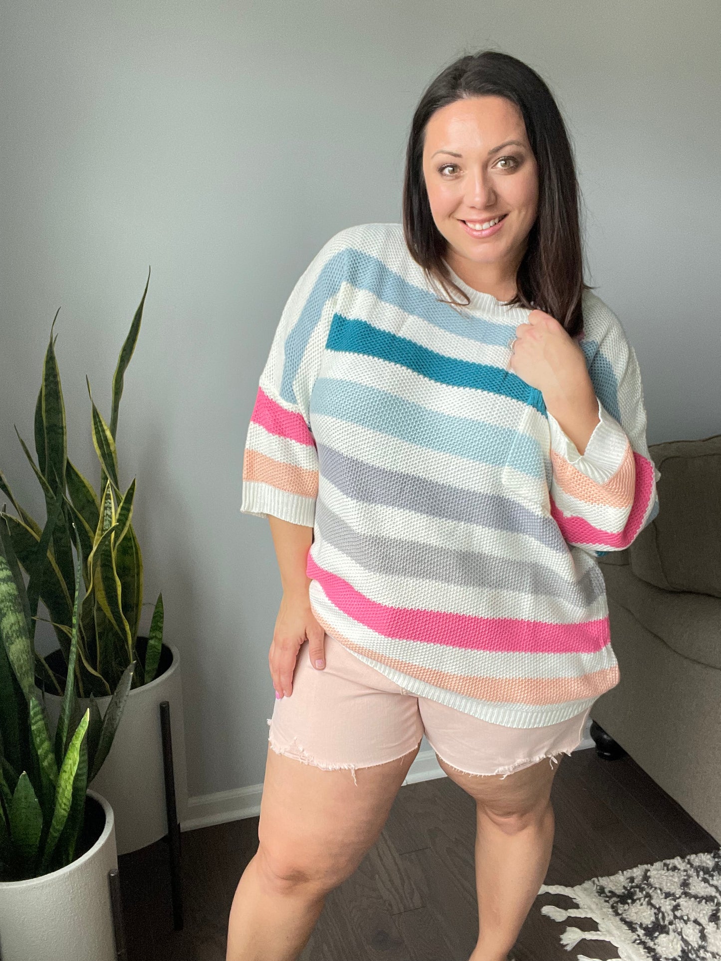 Happy Vibes Striped Quarter Sleeve Top