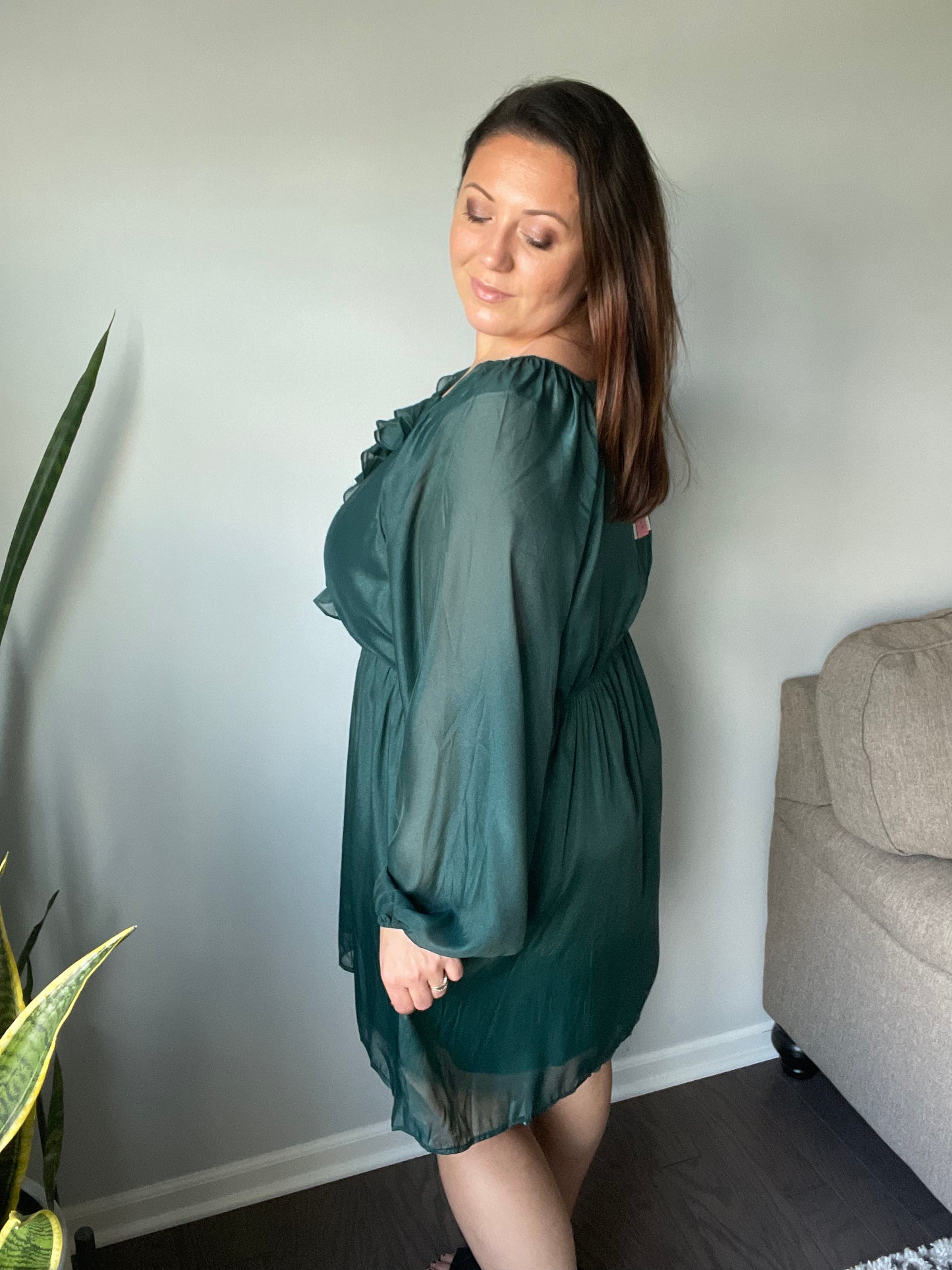 Front And Center Balloon Sleeve Dress in Green