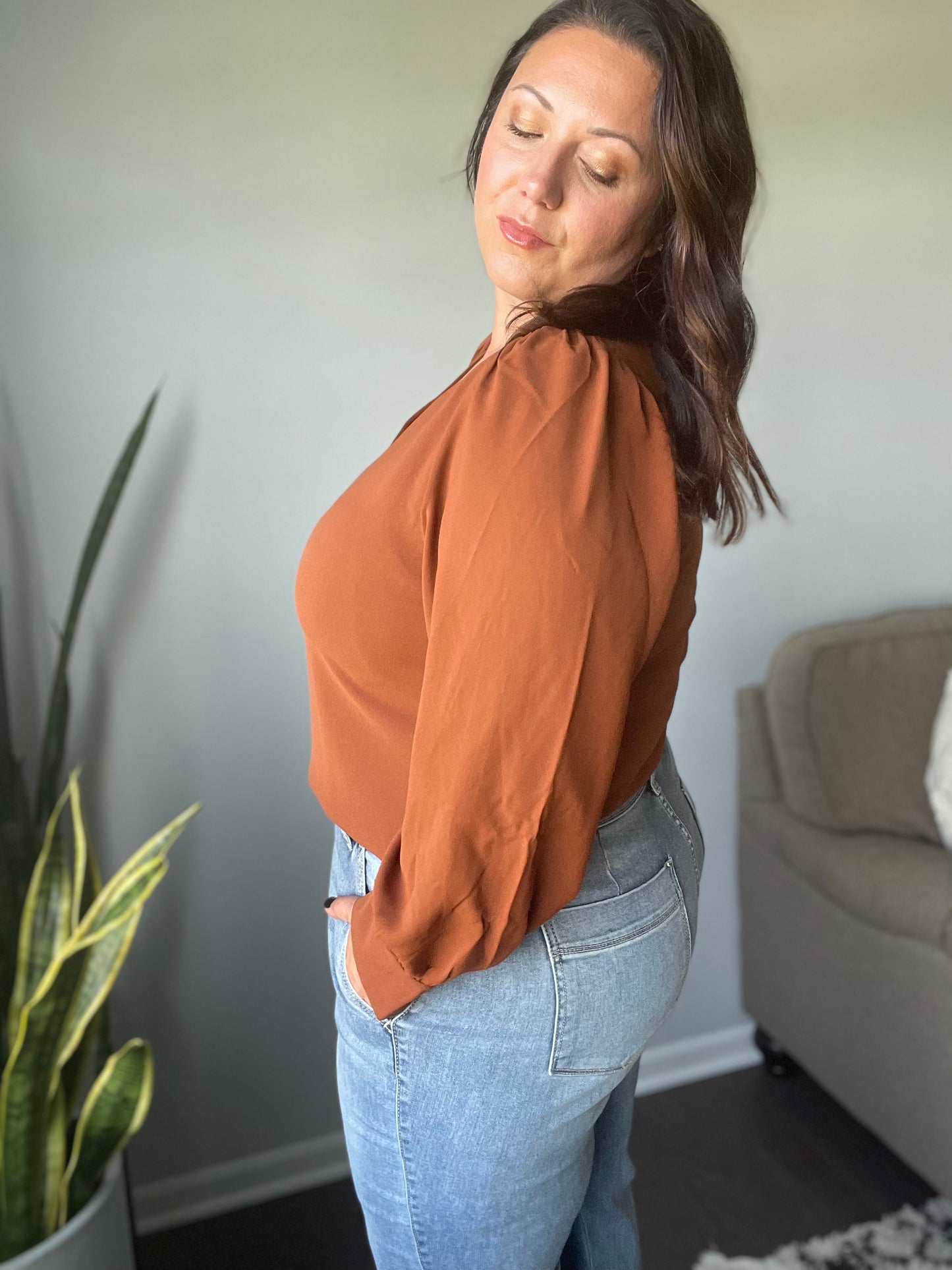 Enjoy This Moment V Neck Blouse In Toffee