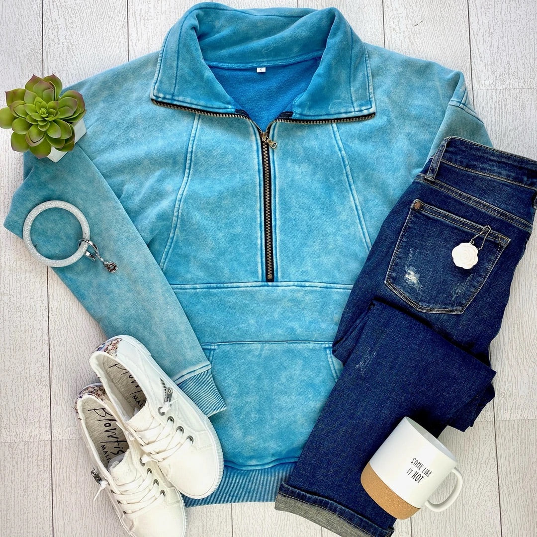Ocean Blue Vintage Wash Half-Zip Pullover